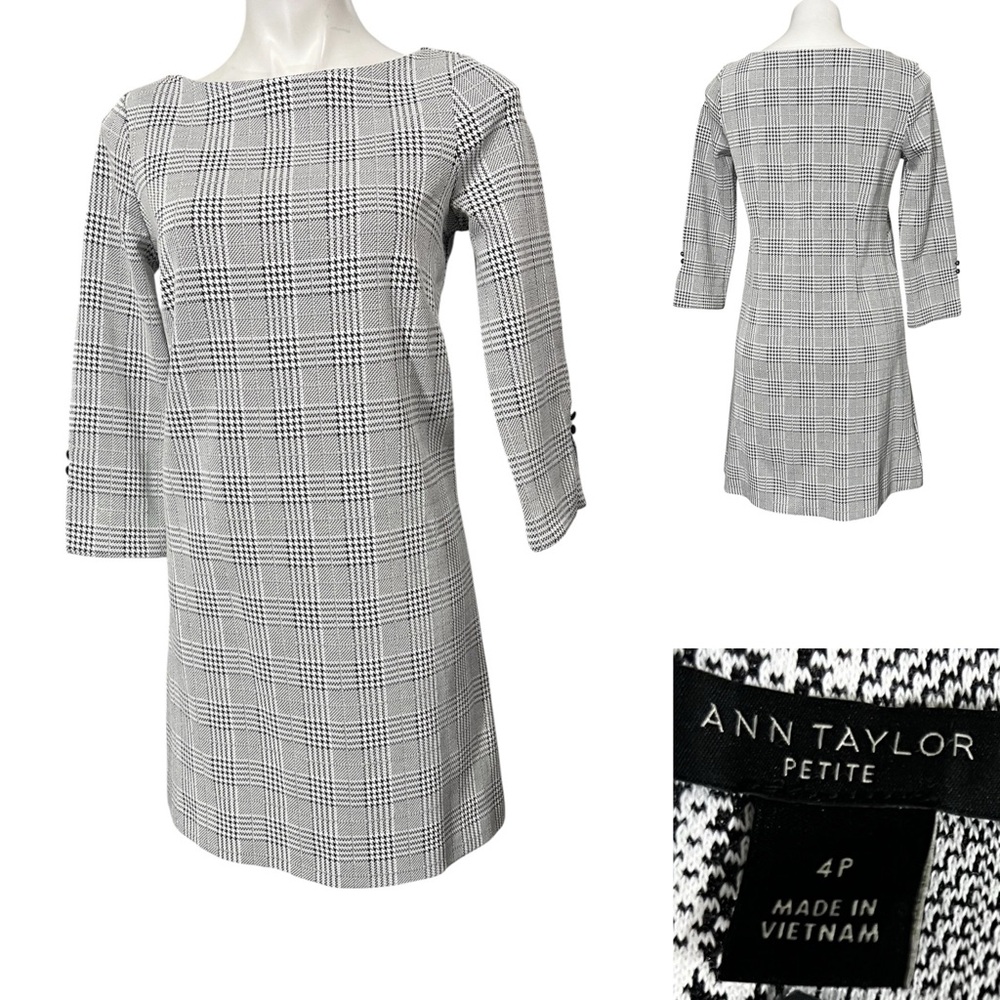 Ann Taylor dress sz 4p black/white houndstooth 3/4 sleeve stretch office church